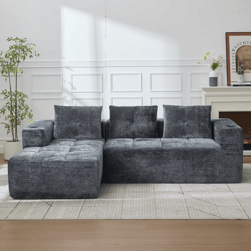 Sofá em L de 255 cm - clássico, minimalista e confortável, 3 lugares - cinzento