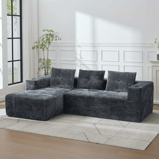 Sofá em L de 255 cm - clássico, minimalista e confortável, 3 lugares - cinzento