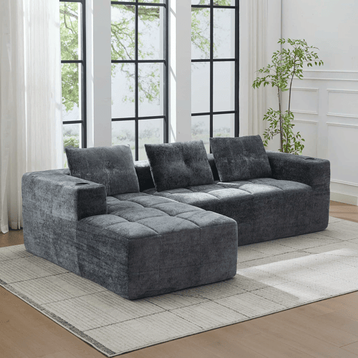 Sofá em L de 255 cm - clássico, minimalista e confortável, 3 lugares - cinzento