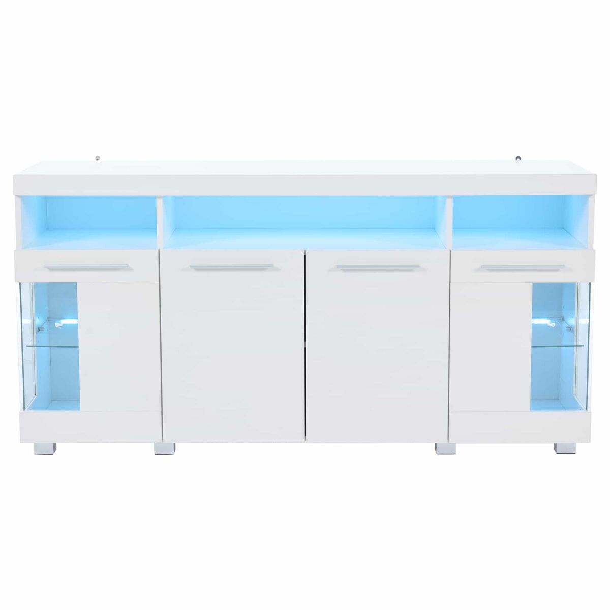 Mesa auxiliar 140x40x70cm - sideboard brillante con luces led, 3 compartimentos, cristal templado - blanco