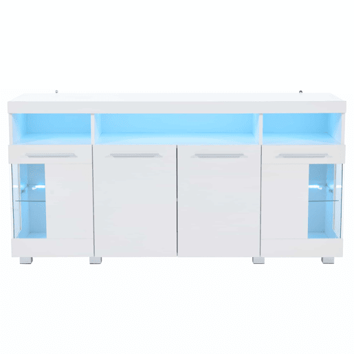 Mesa auxiliar 140x40x70cm - Aparador brilhante com luzes LED, 3 compartimentos, vidro temperado - Branco