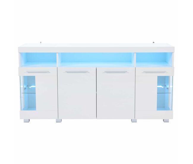 Mesa auxiliar 140x40x70cm - sideboard brillante con luces led, 3 compartimentos, cristal templado - blanco