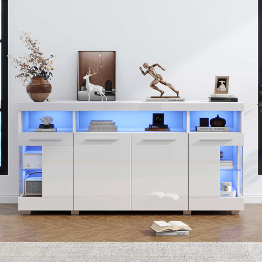 Mesa auxiliar 140x40x70cm - Aparador brilhante com luzes LED, 3 compartimentos, vidro temperado - Branco