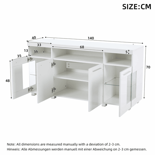 Mesa auxiliar 140x40x70cm - Aparador brilhante com luzes LED, 3 compartimentos, vidro temperado - Branco