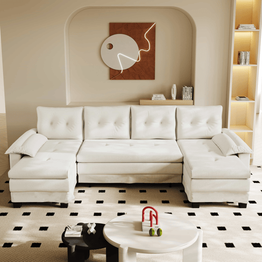 Sofás de 4 lugares, 278 cm - sofá-cama seccional em U com cama extraível, porta USB, braços removíveis, design modular extragrande e moderno - Bege Sofás de 4 lugares, 278 cm - sofá-cama seccional em U com cama extraível, porta USB, braços removíveis, design modular extragrande e moderno - Bege