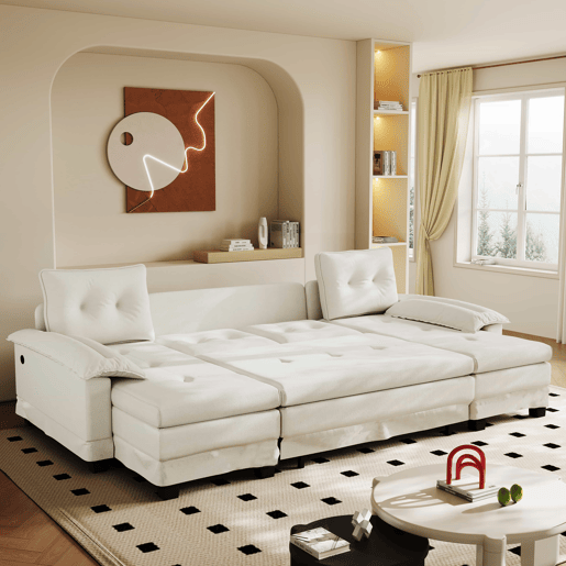 Sofás de 4 lugares, 278 cm - sofá-cama seccional em U com cama extraível, porta USB, braços removíveis, design modular extragrande e moderno - Bege Sofás de 4 lugares, 278 cm - sofá-cama seccional em U com cama extraível, porta USB, braços removíveis, design modular extragrande e moderno - Bege