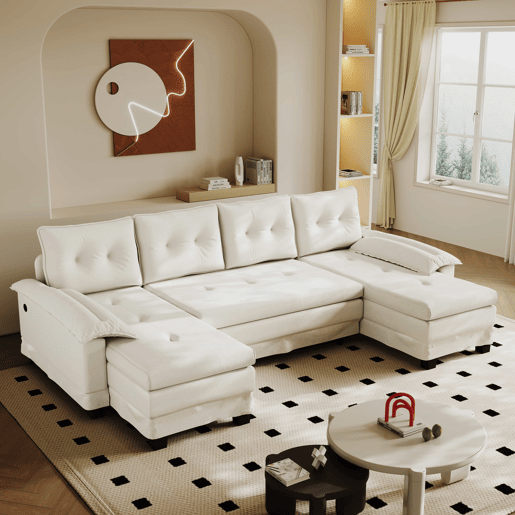 Sofás de 4 lugares, 278 cm - sofá-cama seccional em U com cama extraível, porta USB, braços removíveis, design modular extragrande e moderno - Bege Sofás de 4 lugares, 278 cm - sofá-cama seccional em U com cama extraível, porta USB, braços removíveis, design modular extragrande e moderno - Bege