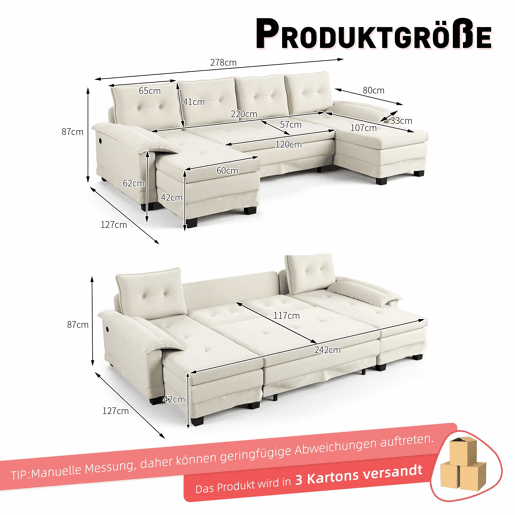 Sofás de 4 lugares, 278 cm - sofá-cama seccional em U com cama extraível, porta USB, braços removíveis, design modular extragrande e moderno - Bege Sofás de 4 lugares, 278 cm - sofá-cama seccional em U com cama extraível, porta USB, braços removíveis, design modular extragrande e moderno - Bege