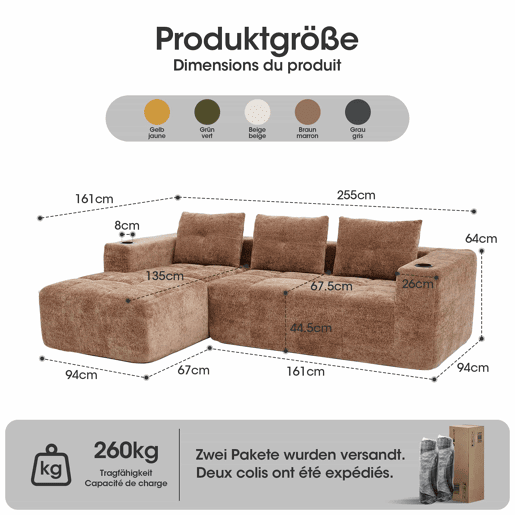 Sofá em L de 255 cm - clássico, minimalista e confortável, com três almofadas - castanho claro