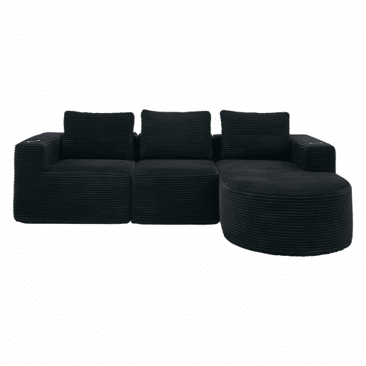 Sofá de 3 lugares, 258 cm u2013 com três almofadas, suportes para copos, confortável e compacto u2013 preto