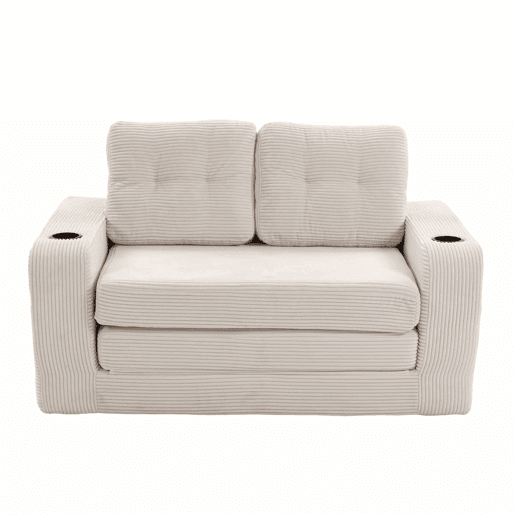 Sofá pufe modular de 2 lugares - com porta-copos, bolsos laterais, conversível, sem estrutura, com almofadas acolchoadas e encosto - bege