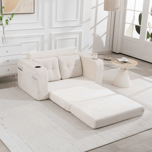 Sofá pufe modular de 2 lugares - com porta-copos, bolsos laterais, conversível, sem estrutura, com almofadas acolchoadas e encosto - bege