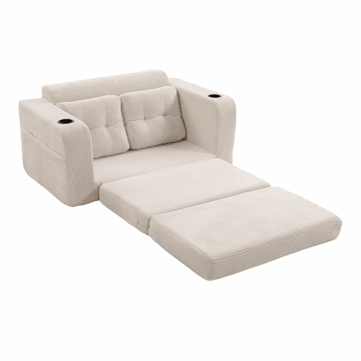 Sofá pufe modular de 2 lugares - com porta-copos, bolsos laterais, conversível, sem estrutura, com almofadas acolchoadas e encosto - bege