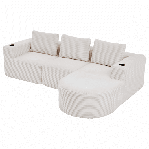 Sofá de 3 lugares, 258 cm - compacto, com 3 almofadas e porta-copos - bege