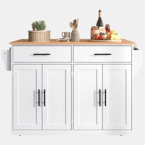 Carrinho de serviço 120x46 cm - Com tampa dobrável, rodas e pés de madeira intercambiáveis - Branco + Natural