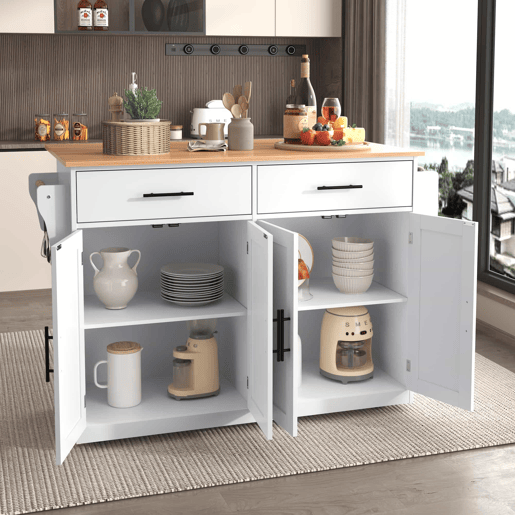 Carrinho de serviço 120x46 cm - Com tampa dobrável, rodas e pés de madeira intercambiáveis - Branco + Natural