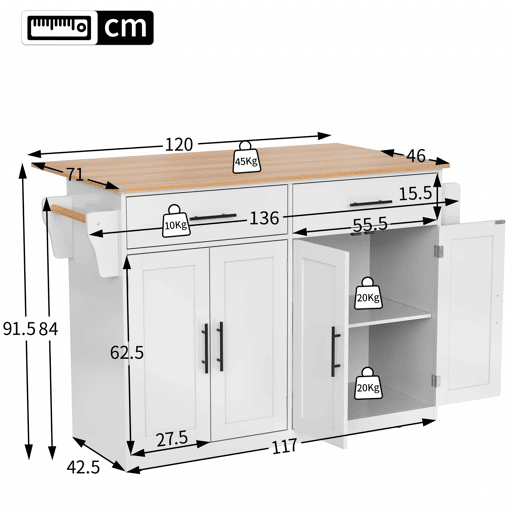 Carrinho de serviço 120x46 cm - Com tampa dobrável, rodas e pés de madeira intercambiáveis - Branco + Natural