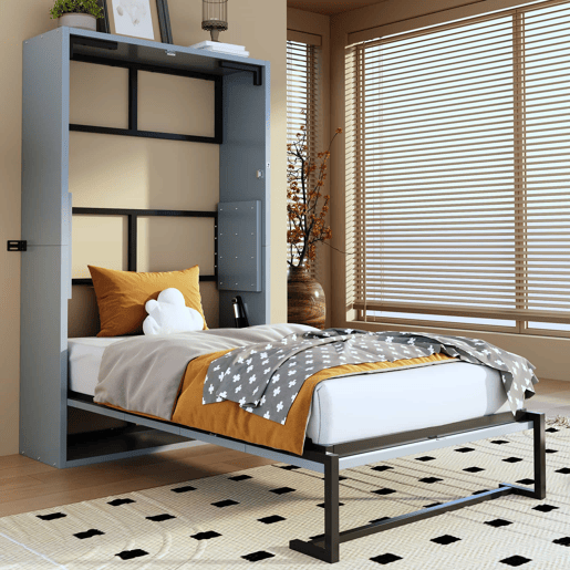 Cama dobrável Murphy de parede 90x200 - estrutura metálica e painel de madeira, fixação à parede com sistema de bloqueio, robusta e silenciosa, multifuncional - cinzenta Cama dobrável Murphy de parede 90x200 - estrutura metálica e painel de madeira, fixação à parede com sistema de bloqueio, robusta e silenciosa, multifuncional - cinzenta