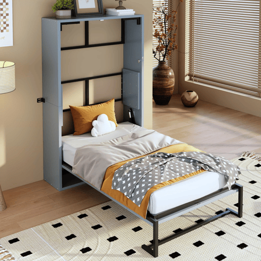Cama dobrável Murphy de parede 90x200 - estrutura metálica e painel de madeira, fixação à parede com sistema de bloqueio, robusta e silenciosa, multifuncional - cinzenta Cama dobrável Murphy de parede 90x200 - estrutura metálica e painel de madeira, fixação à parede com sistema de bloqueio, robusta e silenciosa, multifuncional - cinzenta