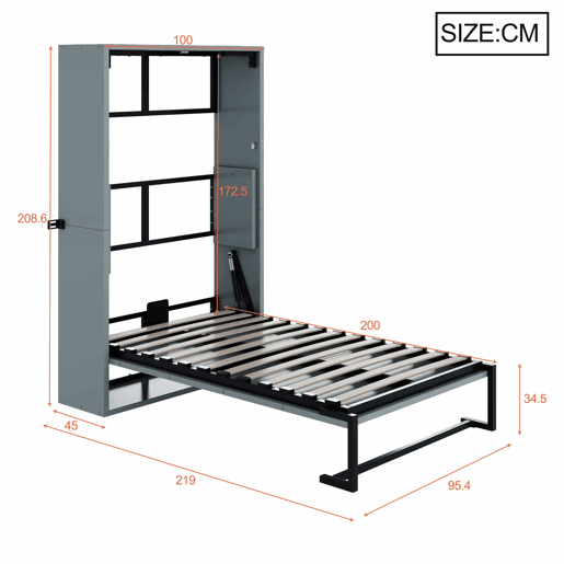 Cama dobrável Murphy de parede 90x200 - estrutura metálica e painel de madeira, fixação à parede com sistema de bloqueio, robusta e silenciosa, multifuncional - cinzenta Cama dobrável Murphy de parede 90x200 - estrutura metálica e painel de madeira, fixação à parede com sistema de bloqueio, robusta e silenciosa, multifuncional - cinzenta