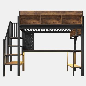 Cama alta 90x200 cm - estilo vintage, secretária de canto, arrumação, painel perfurado, porta USB Tipo C, iluminação LED, infantil EN747 - Preto + Vintage