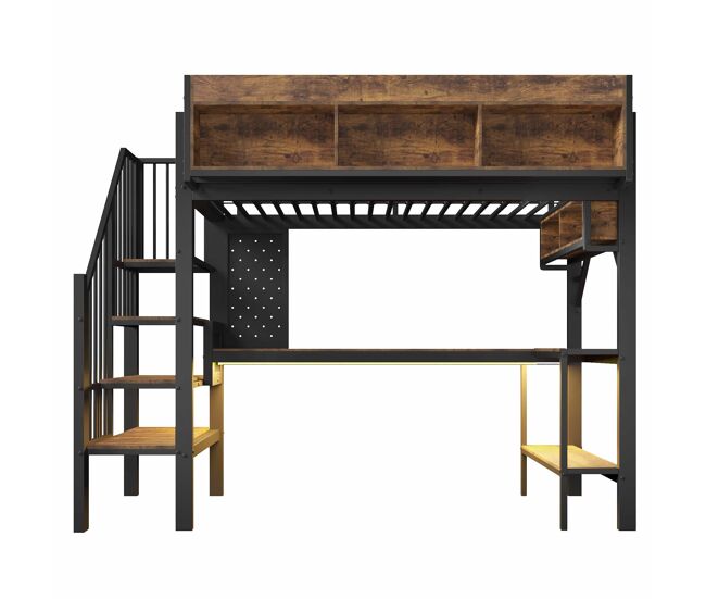 Cama alta 90x200 cm - estilo vintage, escritorio en esquina, almacenamiento, panel perforado, enchufe usb tipo-c, iluminación led, infantil en747 -