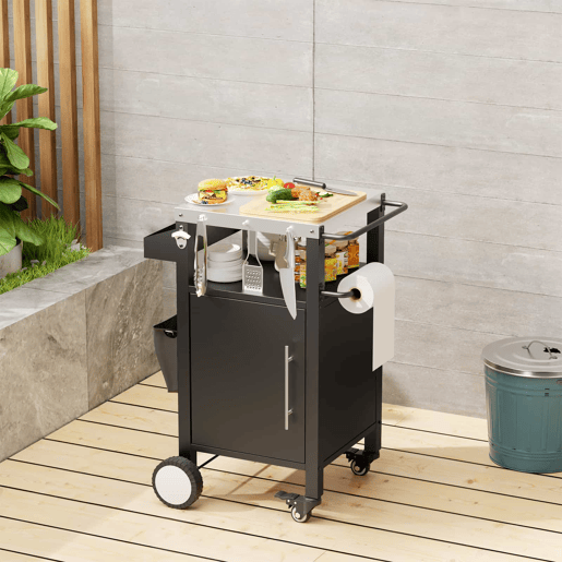 Carrinho para churrasco - com espaço de arrumação, rodas, ganchos e prateleira para especiarias para acessórios de churrasco - Preto