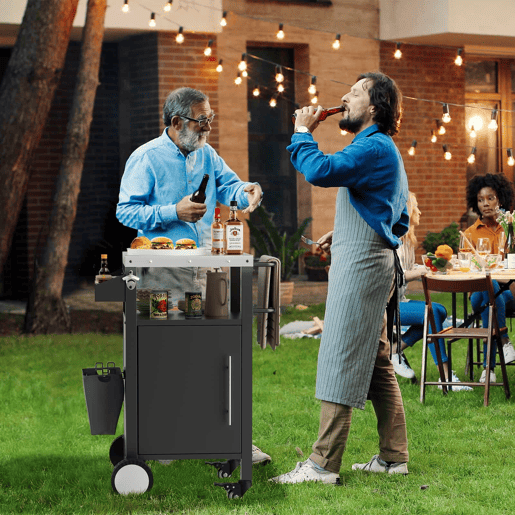 Carrinho para churrasco - com espaço de arrumação, rodas, ganchos e prateleira para especiarias para acessórios de churrasco - Preto