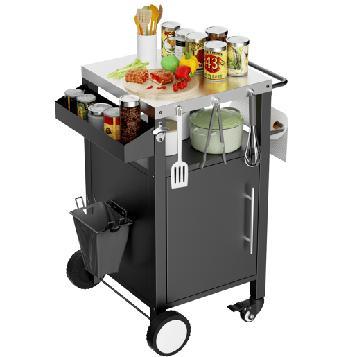 Carrinho para churrasco - com espaço de arrumação, rodas, ganchos e prateleira para especiarias para acessórios de churrasco - Preto