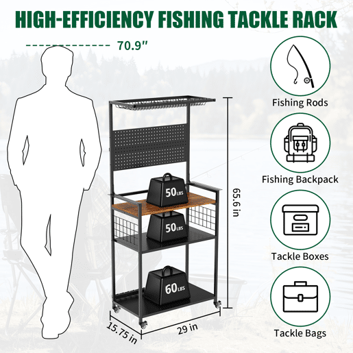 Carrinho de pesca com rodas e suporte para canas de pesca de vários níveis - prateleira para arrumação de canas, carretos, malas e sacos de pesca - Preto