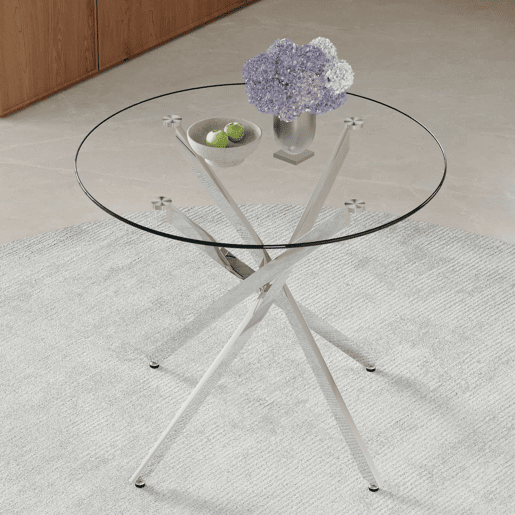 Mesa de jantar redonda de 88 cm - design leve e luxuoso, vidro temperado, estrutura metálica - prateada, transparente