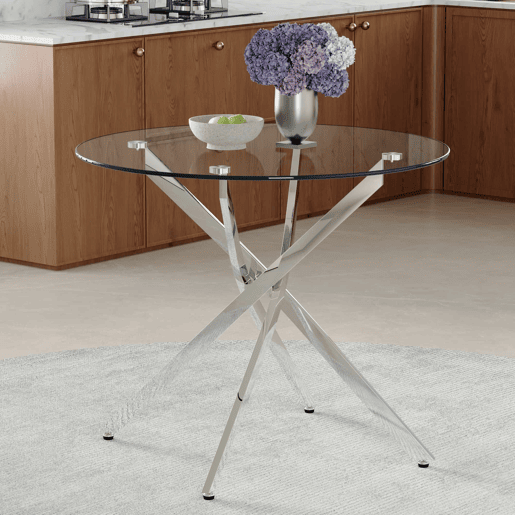 Mesa de jantar redonda de 88 cm - design leve e luxuoso, vidro temperado, estrutura metálica - prateada, transparente