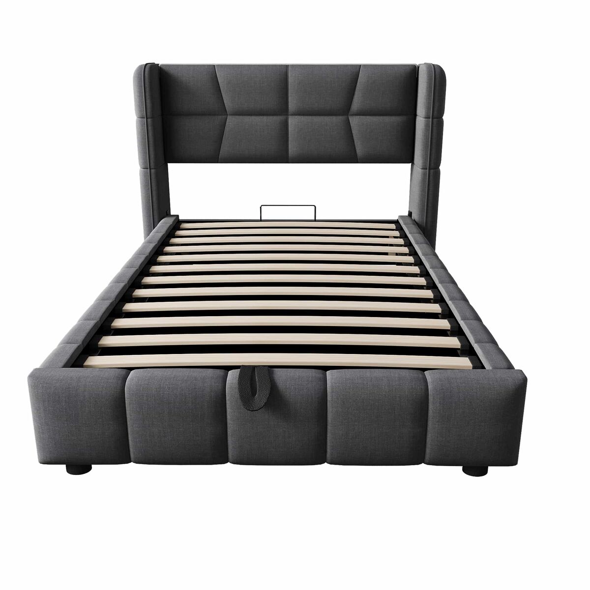 Cama tapizada infantil 90 x 200 cm - con somier, cabecero y sistema de almacenamiento neumático, estructura de lino para niños y adolescentes - gris