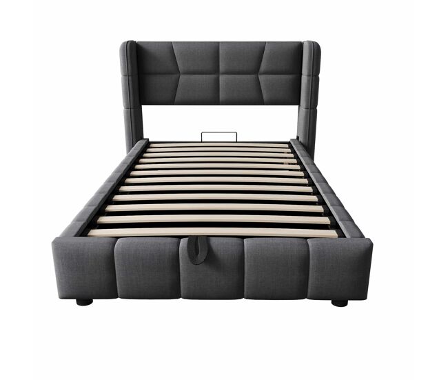 Cama tapizada infantil 90 x 200 cm - con somier, cabecero y sistema de almacenamiento neumático, estructura de lino para niños y adolescentes - gris