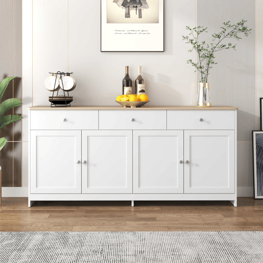 Aparador 160x37x75cm - 4 portas, 3 gavetas, design com veios de madeira branca - Madeira e Branco