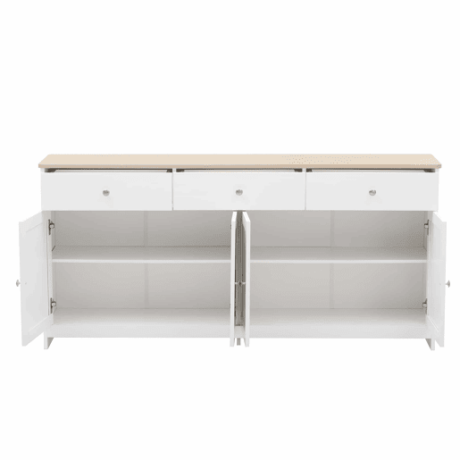 Aparador 160x37x75cm - 4 portas, 3 gavetas, design com veios de madeira branca - Madeira e Branco