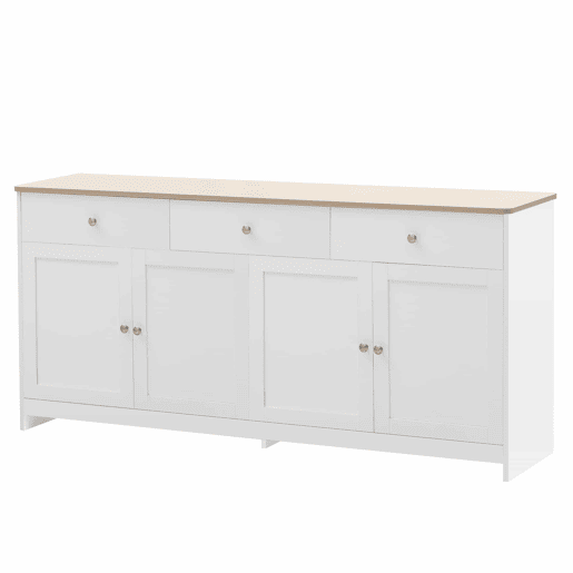 Aparador 160x37x75cm - 4 portas, 3 gavetas, design com veios de madeira branca - Madeira e Branco