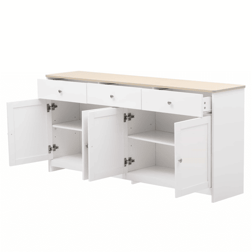 Aparador 160x37x75cm - 4 portas, 3 gavetas, design com veios de madeira branca - Madeira e Branco