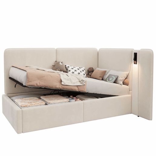 Cama de dia 90x200 cm - Cama estofada com arrumação hidráulica, porta USB e candeeiro de leitura - Bege
