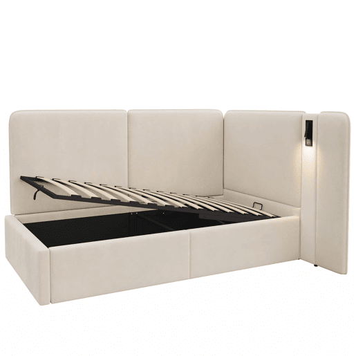 Cama de dia 90x200 cm - Cama estofada com arrumação hidráulica, porta USB e candeeiro de leitura - Bege