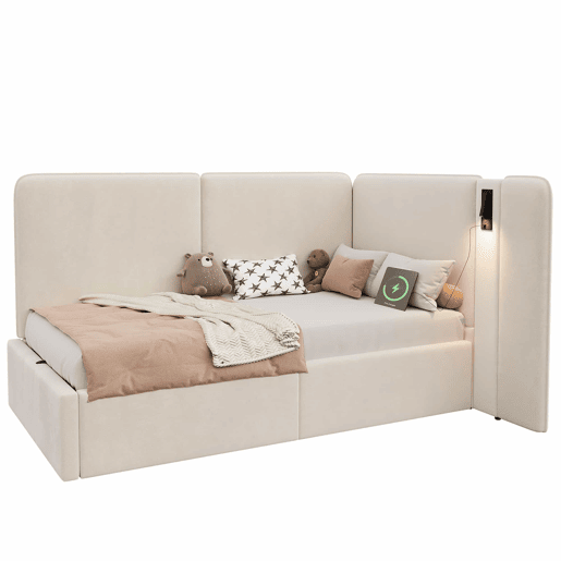 Cama de dia 90x200 cm - Cama estofada com arrumação hidráulica, porta USB e candeeiro de leitura - Bege