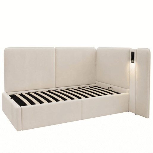 Cama de dia 90x200 cm - Cama estofada com arrumação hidráulica, porta USB e candeeiro de leitura - Bege