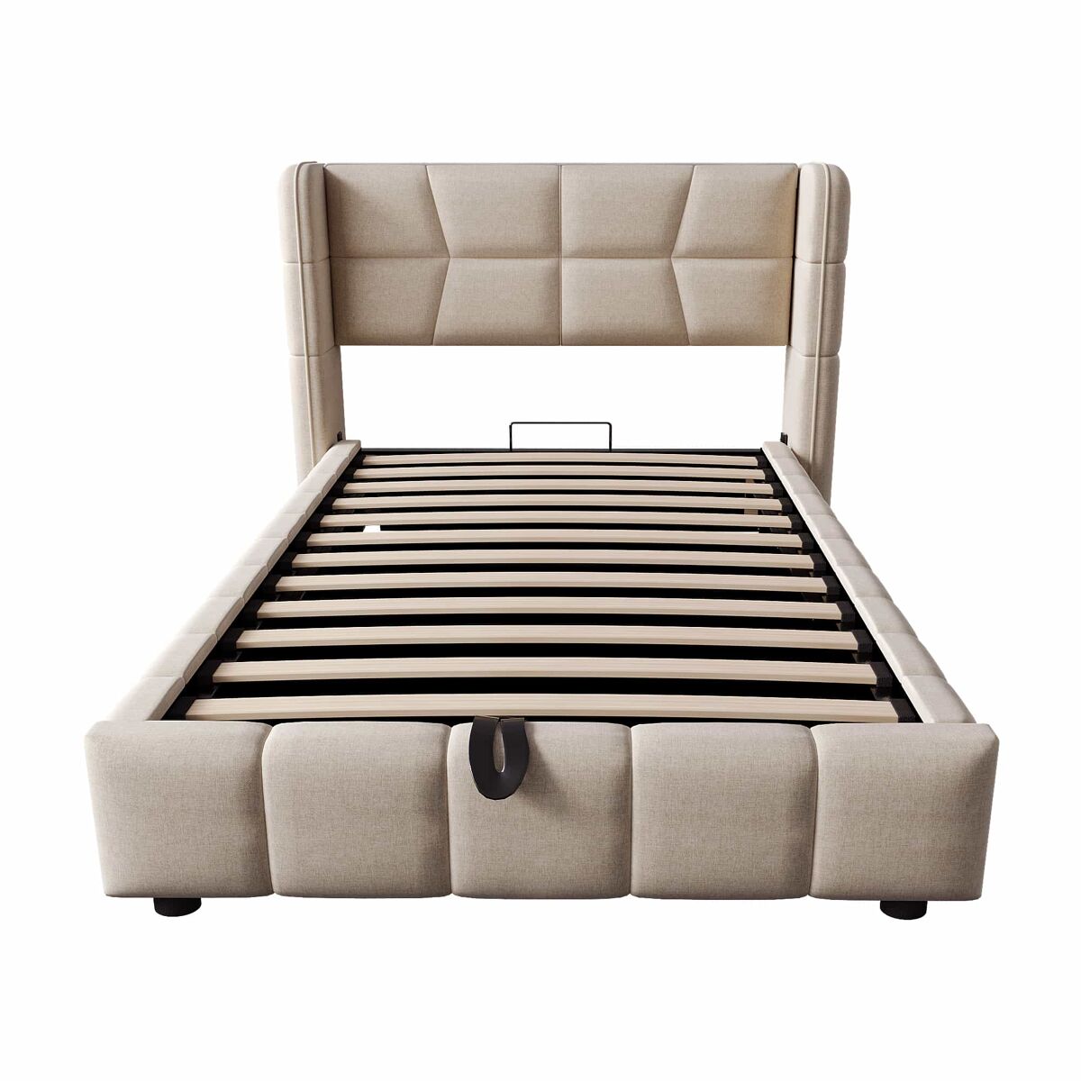 Cama tapizada infantil 90 x 200 cm - con somier de láminas, cabecero y sistema de almacenamiento neumático, marco de lino para niños y adolescentes -