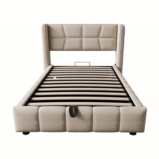 Cama estofada infantil 90 x 200 cm - com base de ripas, cabeceira e sistema de arrumação pneumático, estrutura em linho para crianças e adolescentes - bege Cama estofada infantil 90 x 200 cm - com base de ripas, cabeceira e sistema de arrumação pneumático, estrutura em linho para crianças e adolescentes - bege