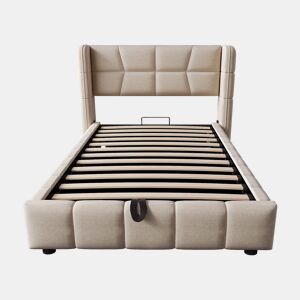 Cama estofada infantil 90 x 200 cm - com base de ripas, cabeceira e sistema de arrumação pneumático, estrutura em linho para crianças e adolescentes - bege