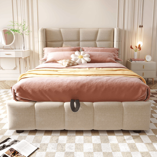 Cama estofada infantil 90 x 200 cm - com base de ripas, cabeceira e sistema de arrumação pneumático, estrutura em linho para crianças e adolescentes - bege Cama estofada infantil 90 x 200 cm - com base de ripas, cabeceira e sistema de arrumação pneumático, estrutura em linho para crianças e adolescentes - bege