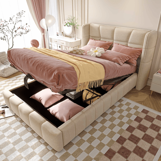 Cama estofada infantil 90 x 200 cm - com base de ripas, cabeceira e sistema de arrumação pneumático, estrutura em linho para crianças e adolescentes - bege Cama estofada infantil 90 x 200 cm - com base de ripas, cabeceira e sistema de arrumação pneumático, estrutura em linho para crianças e adolescentes - bege