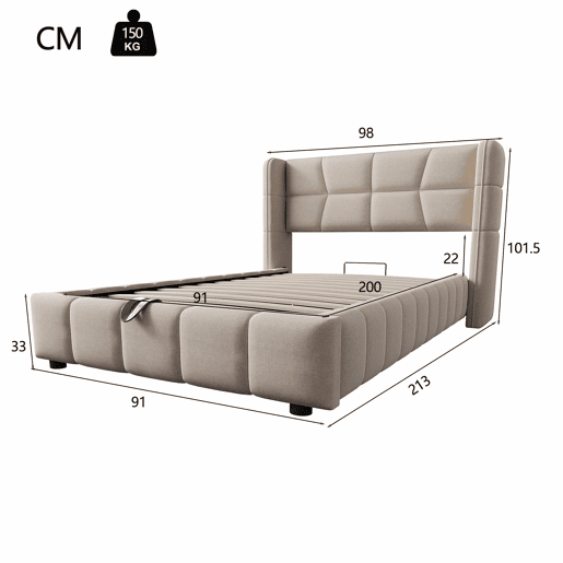 Cama estofada infantil 90 x 200 cm - com base de ripas, cabeceira e sistema de arrumação pneumático, estrutura em linho para crianças e adolescentes - bege Cama estofada infantil 90 x 200 cm - com base de ripas, cabeceira e sistema de arrumação pneumático, estrutura em linho para crianças e adolescentes - bege