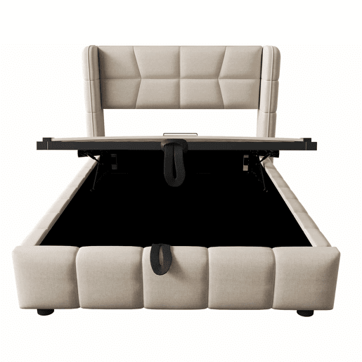 Cama estofada infantil 90 x 200 cm - com base de ripas, cabeceira e sistema de arrumação pneumático, estrutura em linho para crianças e adolescentes - bege Cama estofada infantil 90 x 200 cm - com base de ripas, cabeceira e sistema de arrumação pneumático, estrutura em linho para crianças e adolescentes - bege