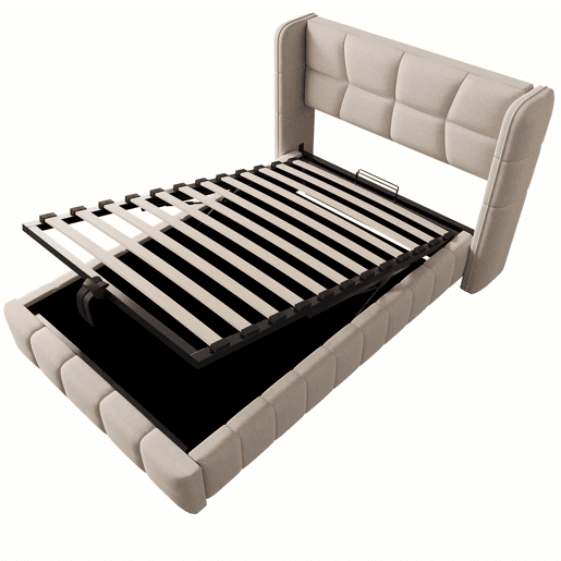 Cama estofada infantil 90 x 200 cm - com base de ripas, cabeceira e sistema de arrumação pneumático, estrutura em linho para crianças e adolescentes - bege Cama estofada infantil 90 x 200 cm - com base de ripas, cabeceira e sistema de arrumação pneumático, estrutura em linho para crianças e adolescentes - bege